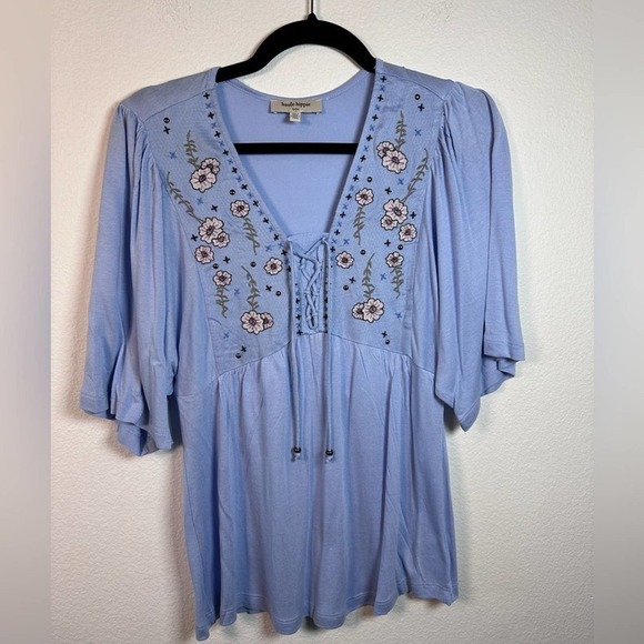 NWOT - Haute Hippie Tribe Floral Short Sleeve Blouse Blue - Picture 1 of 3